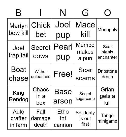 Wild Life SMP Bingo Card