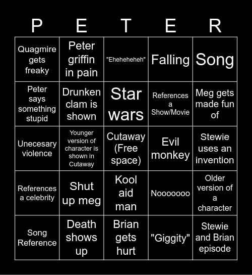 Family Guy Bingo Card