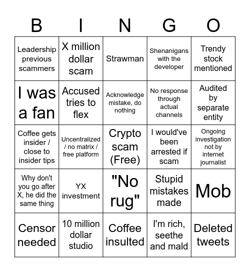 Coffeezilla crypto scam bingo Card