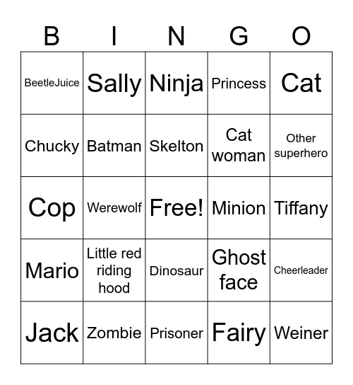 Halloween costume Bingo Card