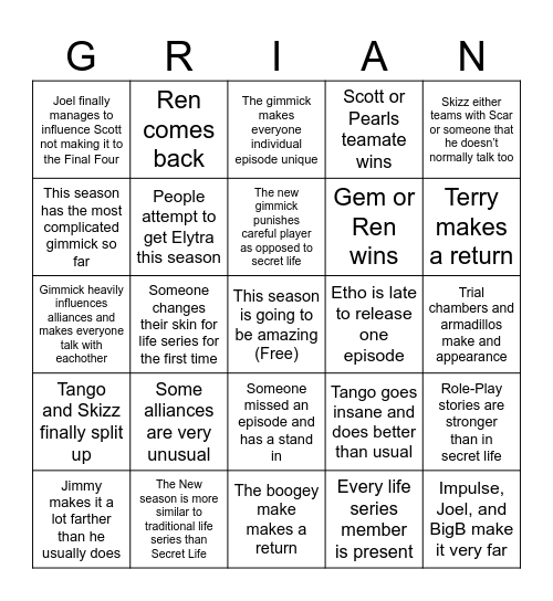 Life Series Predictions Bingo Card