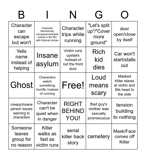 Horror Movie Tropes Freddy Bingo Card