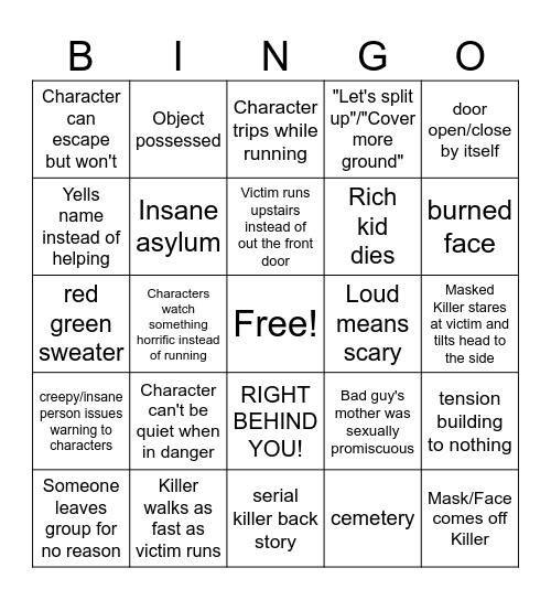 Horror Movie Tropes Freddy Bingo Card