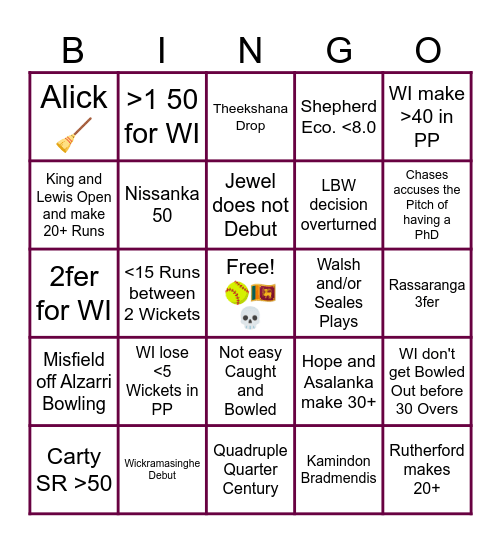 WI vs SL 1st ODI Bingo Card