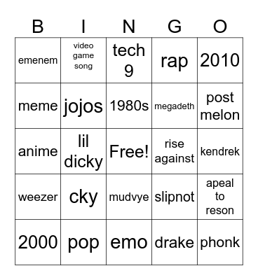 spotify dj Bingo Card