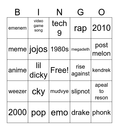 spotify dj Bingo Card