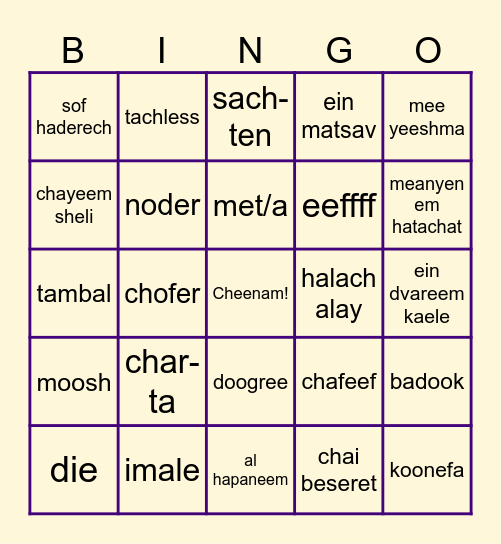 Slang Israeli Bingo Card