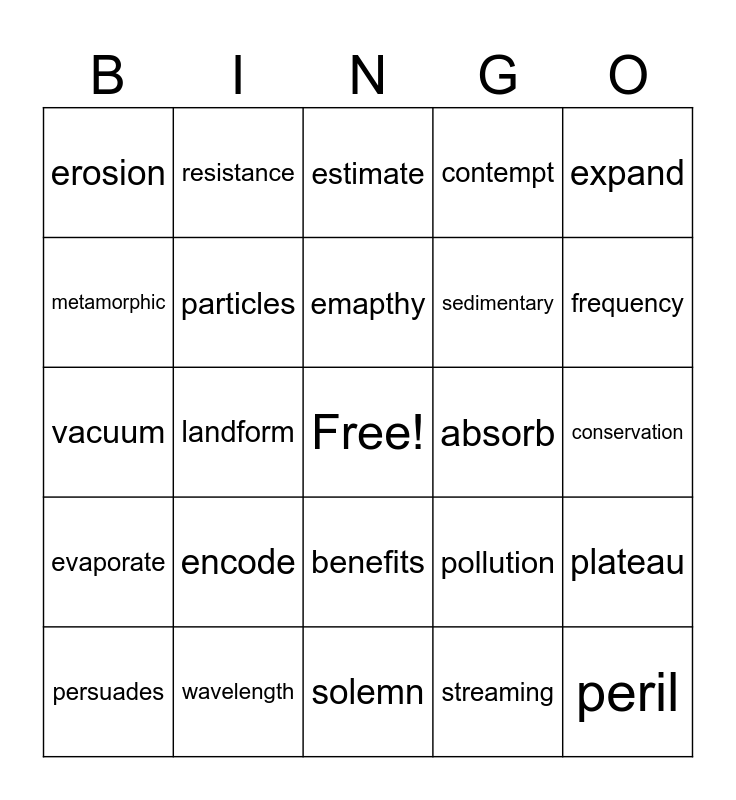 Quarter One Vocabulary Bingo Card