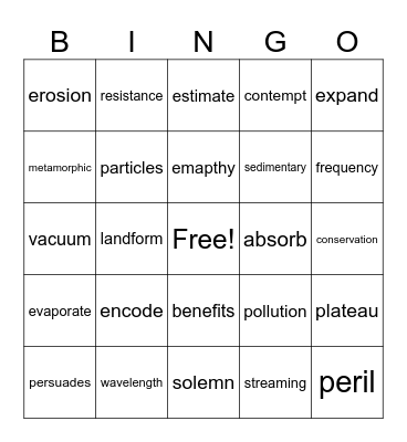 Quarter One Vocabulary Bingo Card