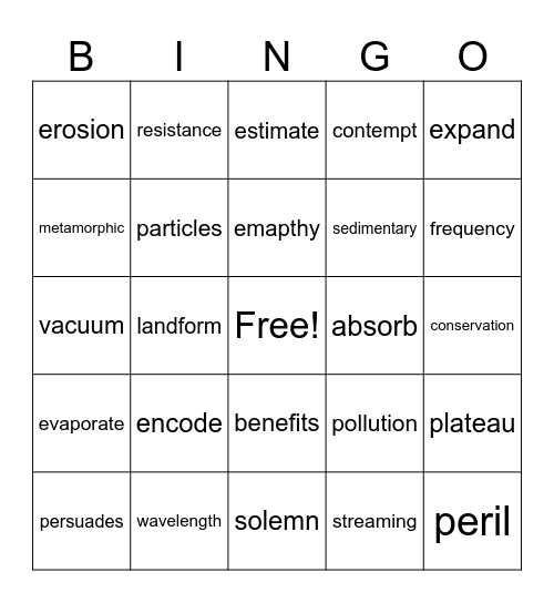 Quarter One Vocabulary Bingo Card