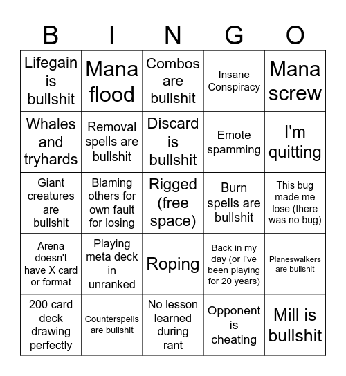 Arena Subreddit Salty Rant Bingo Card