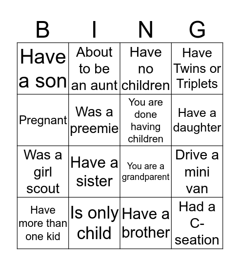 Baby Shower Ice Breaker Bingo Card