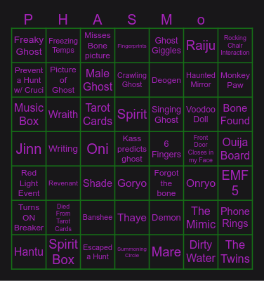 Phasmophobia Bingo Card