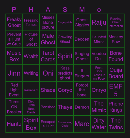 Phasmophobia Bingo Card