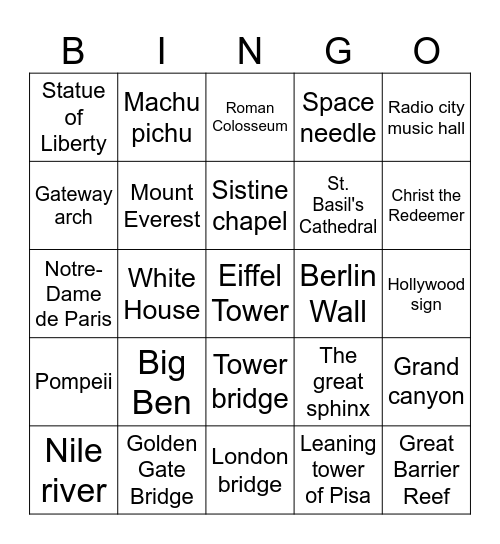 Famous Landmarks Bingo Card