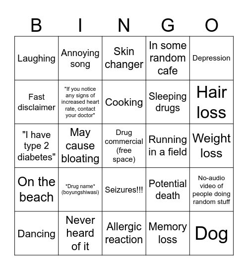 Drug Commercials Bingo Card