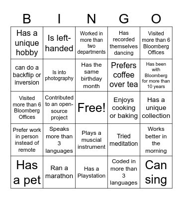 Ice breaker Bingo Card