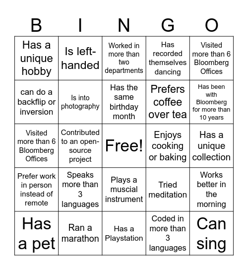 Ice breaker Bingo Card