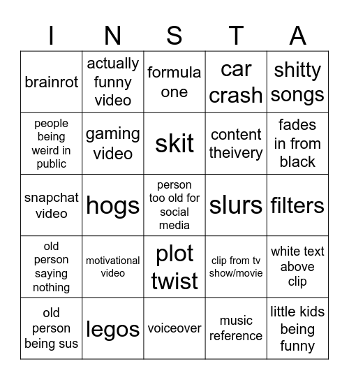 instagram bingo Card