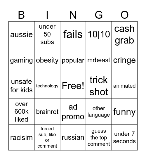 youtube shorts bingo Card