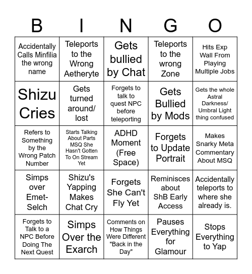 Shizu Shadowbringers Bingo! Bingo Card