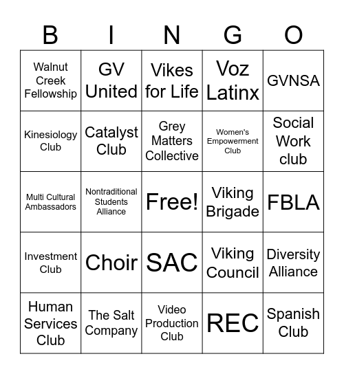 Spring 2025 Involvement Fair Bingo Card