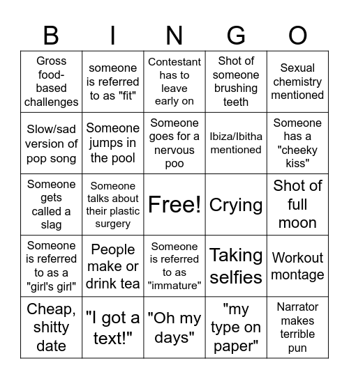 Love Island Bingo Card