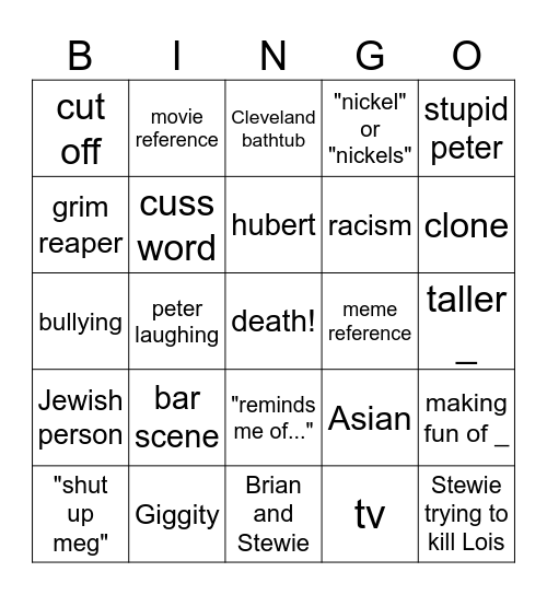 FAMLY GUY Bingo Card