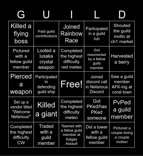 NEFARIOUS Bingo Card