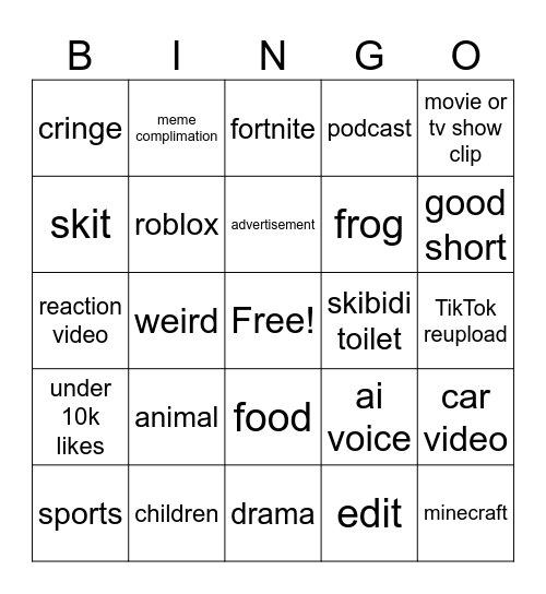 youtube shorts Bingo Card