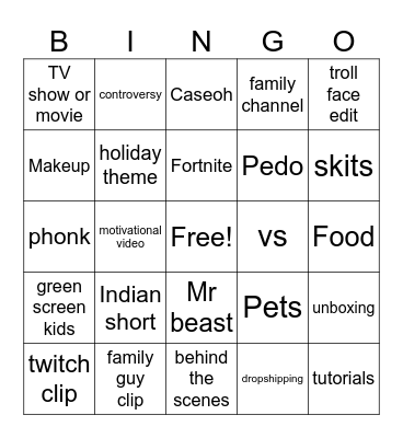 youtube shorts Bingo Card