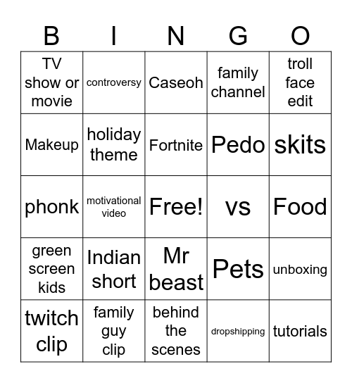 youtube shorts Bingo Card