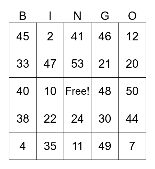 LOS NUMEROS DEL 1 AL 50 Bingo Card