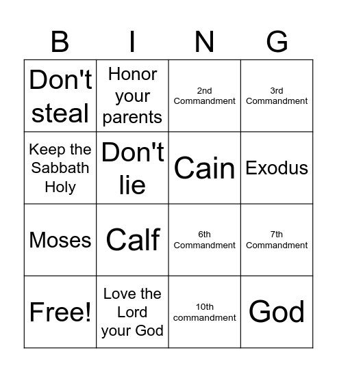 10 Commandment Bingo Card