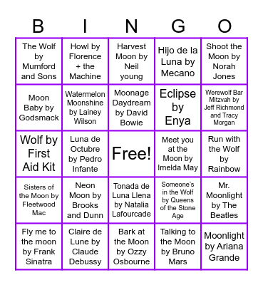 MUSIC BINGO- Howl at the Moon Bingo Card