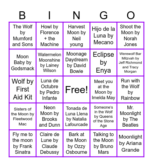 MUSIC BINGO- Howl at the Moon Bingo Card