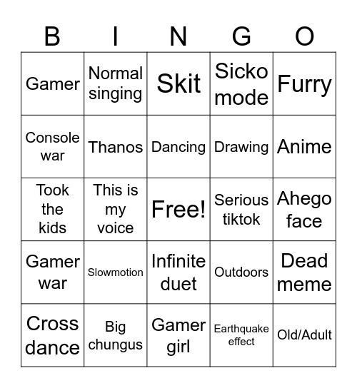 Tiktok bingo Card