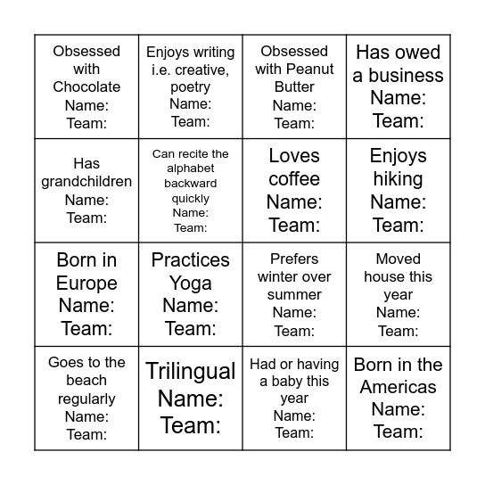 Networking Bingo Card