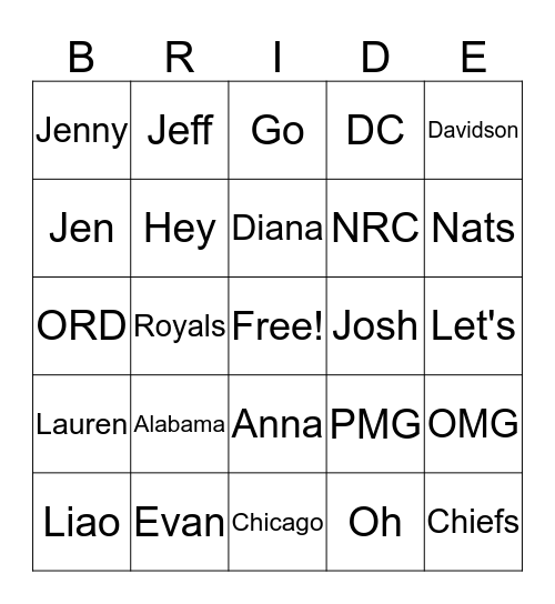 Diana's Bridal Shower Bingo! Bingo Card