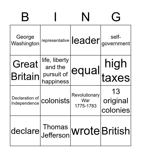 American Independence Bingo! Bingo Card