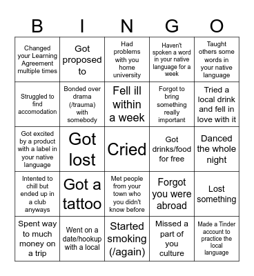 Erasmus 2024 Bingo Card