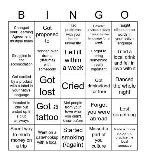 Erasmus 2024 Bingo Card