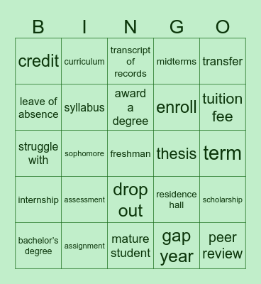 University Life Bingo Card