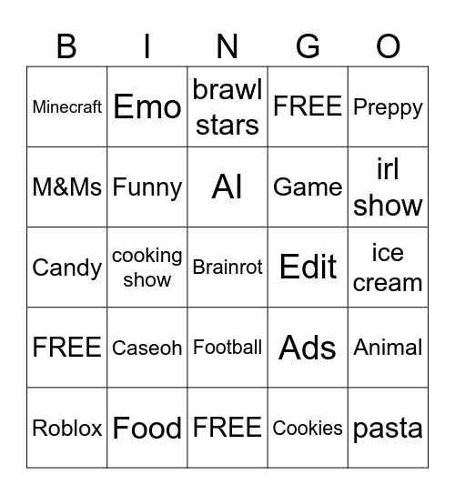 Youtube Bingo Card