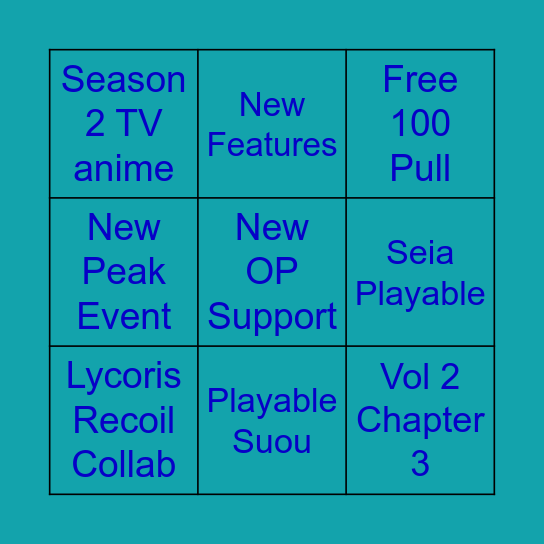 Blue Archive JP Server Announcement Bingo Card