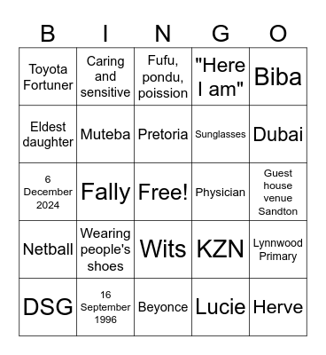Bride Bingo Card
