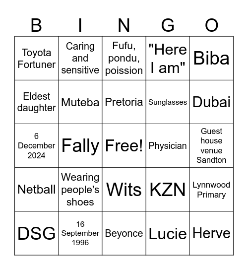 Bride Bingo Card