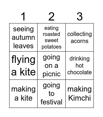 Activities in Fall Bingo Card