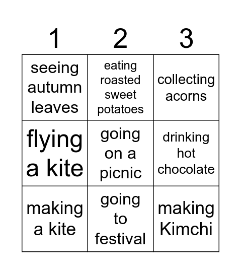 Activities in Fall Bingo Card