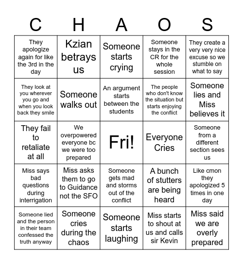 BINGO CARD OF CHAOS Bingo Card